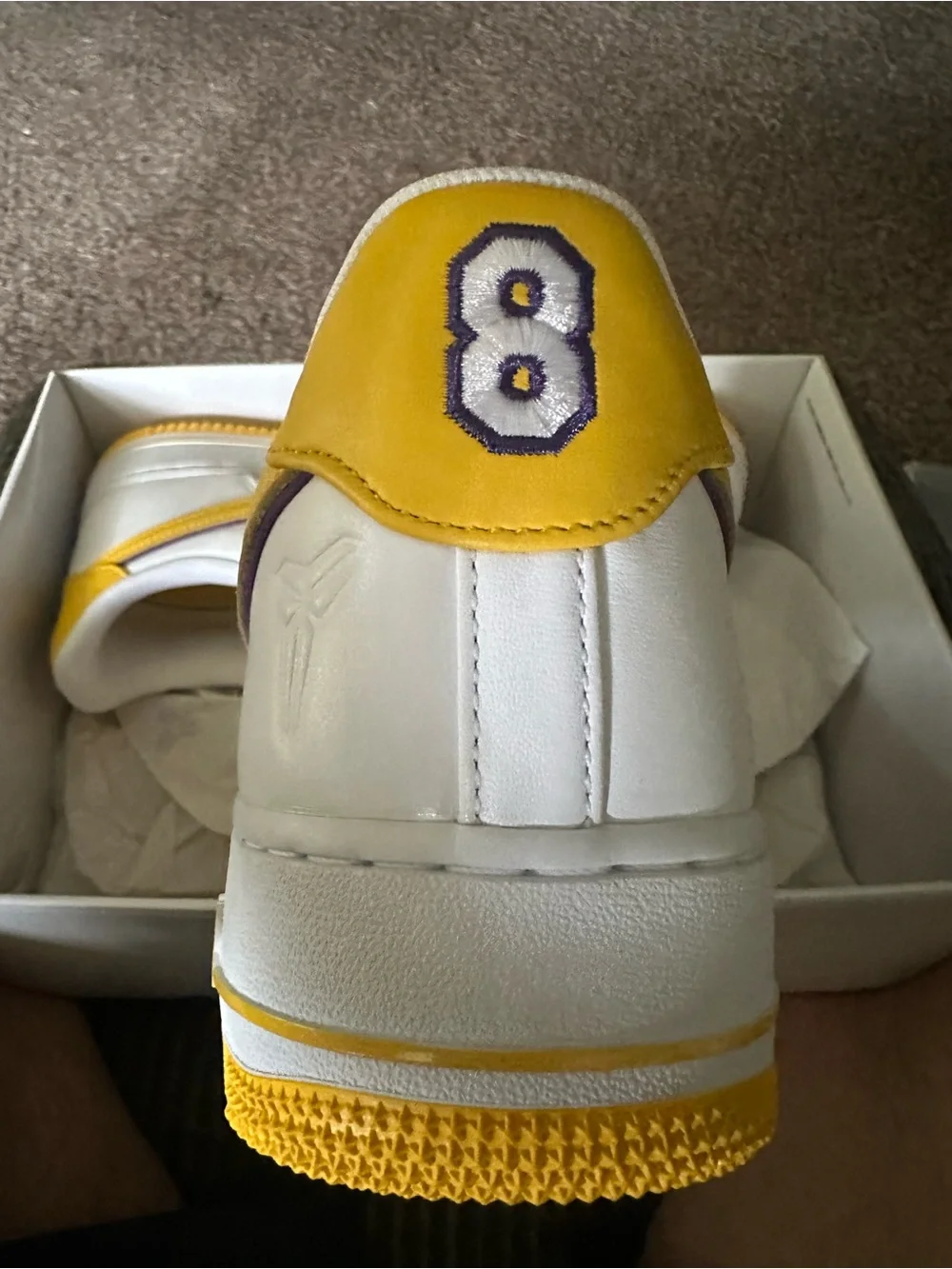 Nike AIR FORCE 1 White, Yellow & Purple KOBE LAKERS HOME.